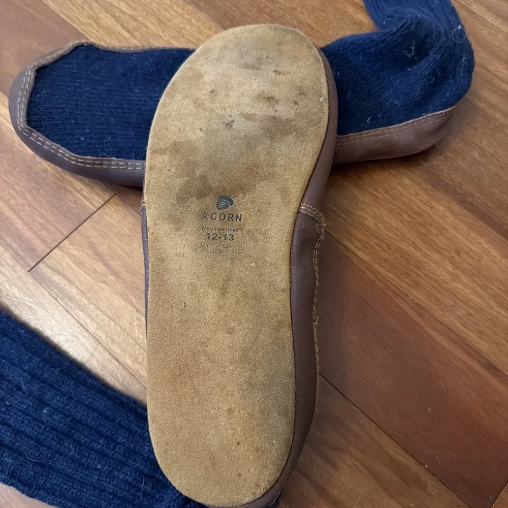 Acorn Slippers Men's Size 12-13 Navy Knit Brown Accents Pull On